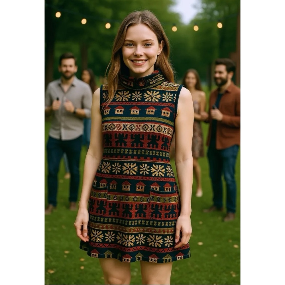 Just Funky Retro Fair Isle Print Sleeveless Shift Dress Women’s XL